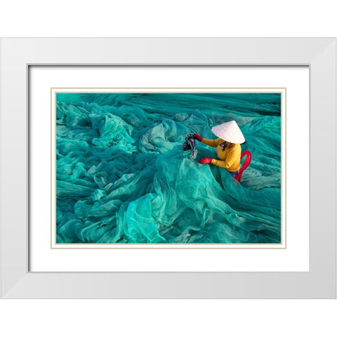 Vietnam-Fishing net analysis and repair with old fashioned manual sowing machine White Modern Wood Framed Art Print with Double Matting by Norring, Tom