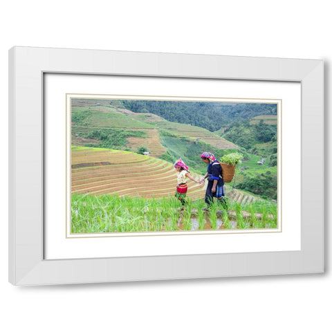 Vietnam-Grandma taking care of granddaughter-Farming community with traditional Sapa dresses White Modern Wood Framed Art Print with Double Matting by Norring, Tom
