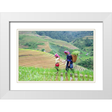 Vietnam-Grandma taking care of granddaughter-Farming community with traditional Sapa dresses White Modern Wood Framed Art Print with Double Matting by Norring, Tom