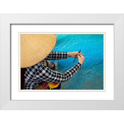 Vietnam-Women repairing fishing nets White Modern Wood Framed Art Print with Double Matting by Norring, Tom
