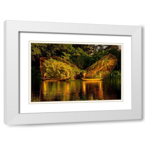Vietnam-Butterfly net fishing-Fishermen working in complete synchronization White Modern Wood Framed Art Print with Double Matting by Norring, Tom