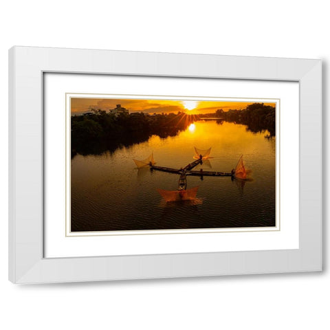 Vietnam-Coordinated lagoon fishing with nets at sunset White Modern Wood Framed Art Print with Double Matting by Norring, Tom