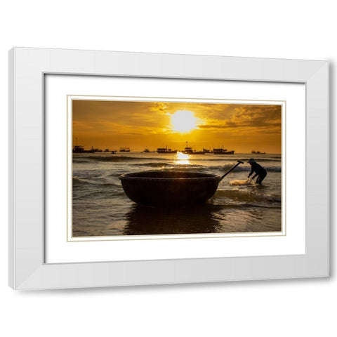 Vietnam-Fishermen deliver the nights catch to the beach at Hoi An White Modern Wood Framed Art Print with Double Matting by Norring, Tom