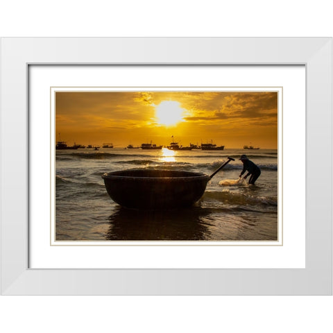 Vietnam-Fishermen deliver the nights catch to the beach at Hoi An White Modern Wood Framed Art Print with Double Matting by Norring, Tom
