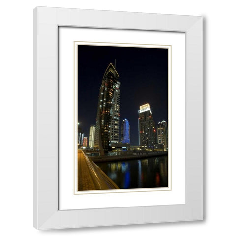 UAE, Dubai, Marina Downtown buildings at night White Modern Wood Framed Art Print with Double Matting by Young, Bill