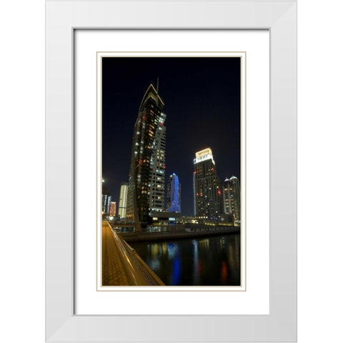 UAE, Dubai, Marina Downtown buildings at night White Modern Wood Framed Art Print with Double Matting by Young, Bill