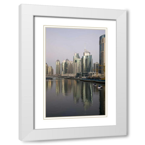UAE, Dubai, Marina Towers on marina at sunset White Modern Wood Framed Art Print with Double Matting by Young, Bill