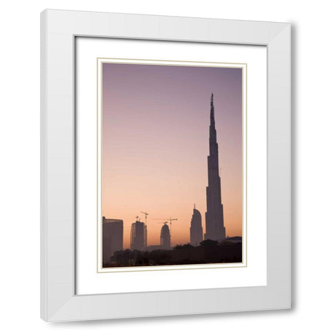 UAE, Dubai Cityscape at sunrise White Modern Wood Framed Art Print with Double Matting by Young, Bill