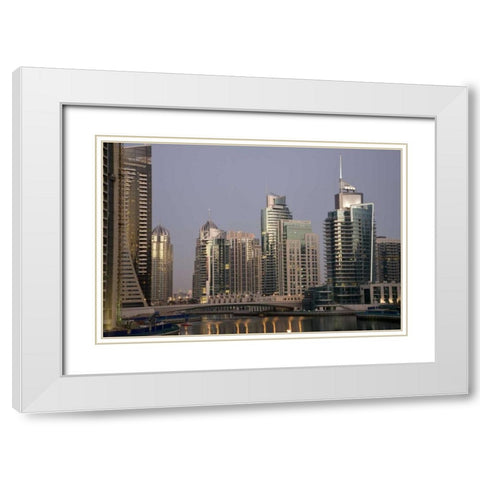 UAE, Dubai Tower lights reflect on marina water White Modern Wood Framed Art Print with Double Matting by Young, Bill
