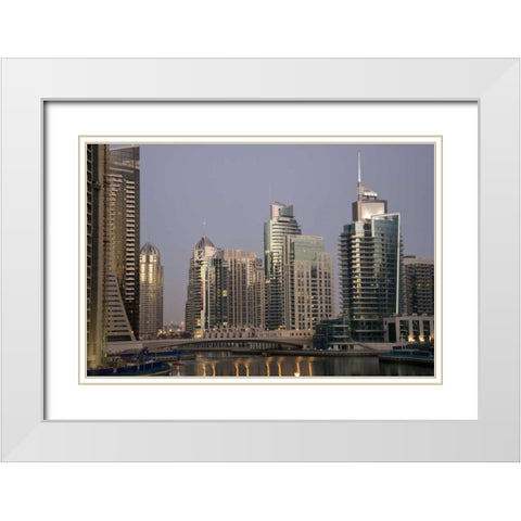UAE, Dubai Tower lights reflect on marina water White Modern Wood Framed Art Print with Double Matting by Young, Bill