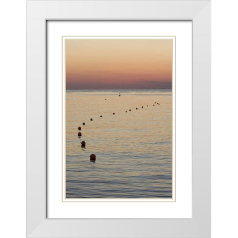 UAE, Fujairah Sunrise over marker buoys on beach White Modern Wood Framed Art Print with Double Matting by Young, Bill