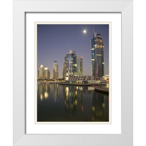 UAE, Dubai, Marina Towers reflect on marina White Modern Wood Framed Art Print with Double Matting by Young, Bill