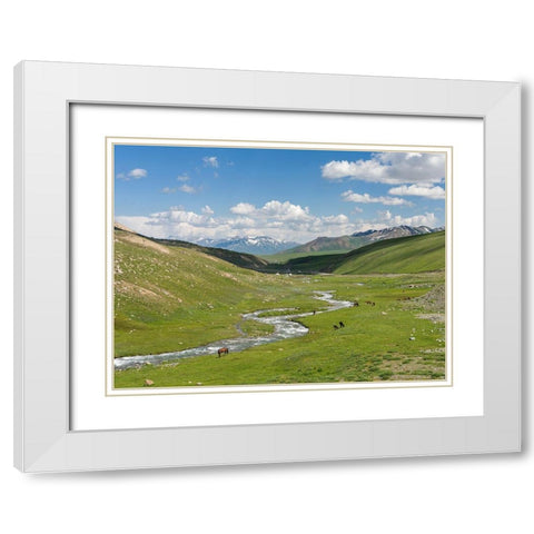 Horses on summer pasture The Suusamyr plain-a high valley in Tien Shan Mountains-Kyrgyzstan White Modern Wood Framed Art Print with Double Matting by Zwick, Martin
