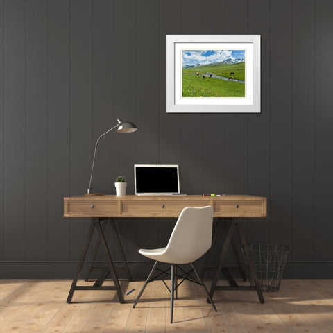Horses on summer pasture The Suusamyr plain-a high valley in Tien Shan Mountains-Kyrgyzstan White Modern Wood Framed Art Print with Double Matting by Zwick, Martin
