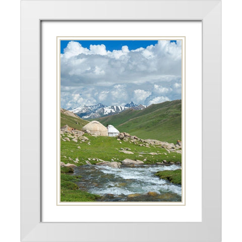 Landscape with Yurt at the Otmok mountain pass in the Tien Shan or heavenly mountains-Kyrgyzstan White Modern Wood Framed Art Print with Double Matting by Zwick, Martin