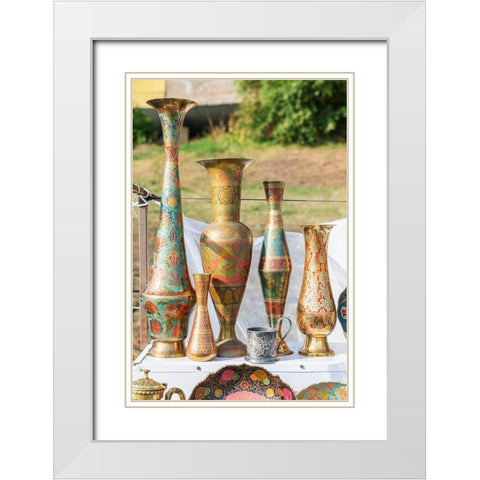 Armenia-Sevan Souvenir vases at market near the Sevanavank Monastery on Lake Sevan White Modern Wood Framed Art Print with Double Matting by Wilson, Emily