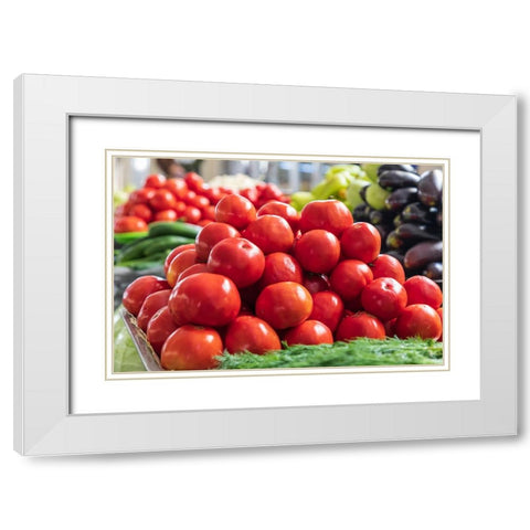 Dushanbe-Tajikistan Fresh tomatoes for sale at the Mehrgon Market in Dushanbe White Modern Wood Framed Art Print with Double Matting by Wilson, Emily M.