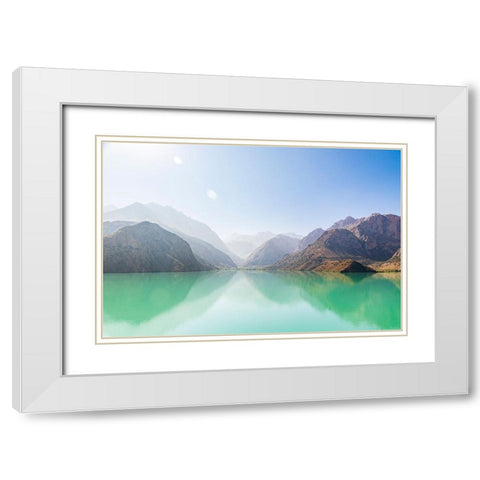 Iskanderkul-Sughd Province-Tajikistan Misty mountains above Iskanderkul Lake White Modern Wood Framed Art Print with Double Matting by Wilson, Emily M.
