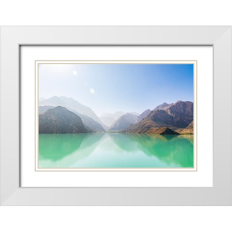 Iskanderkul-Sughd Province-Tajikistan Misty mountains above Iskanderkul Lake White Modern Wood Framed Art Print with Double Matting by Wilson, Emily M.