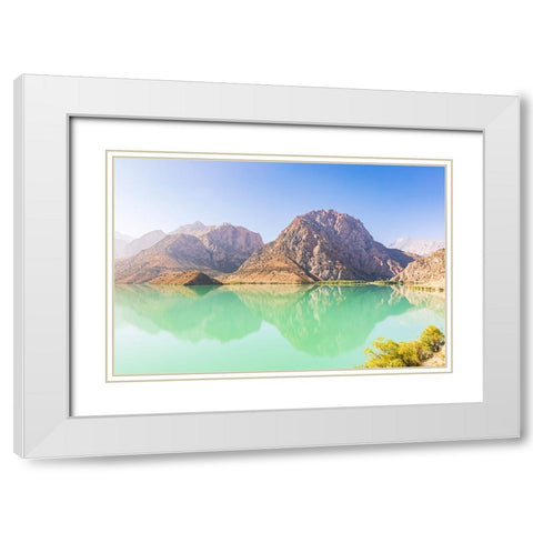 Iskanderkul-Sughd Province-Tajikistan Mountains and blue sky above Iskanderkul Lake White Modern Wood Framed Art Print with Double Matting by Wilson, Emily M.