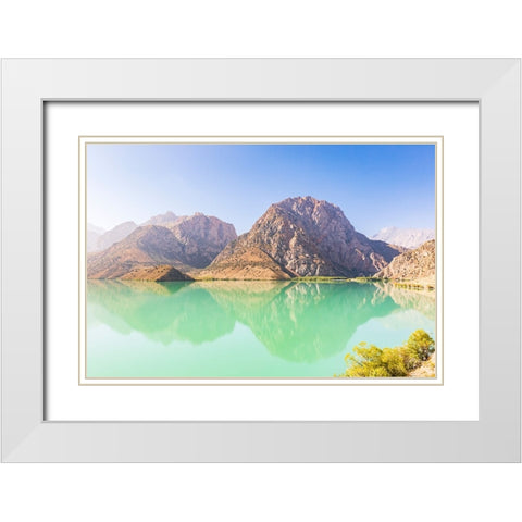 Iskanderkul-Sughd Province-Tajikistan Mountains and blue sky above Iskanderkul Lake White Modern Wood Framed Art Print with Double Matting by Wilson, Emily M.