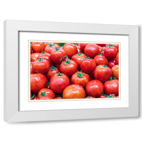 Khujand-Sughd Province-Tajikistan Fresh tomatoes for sale at the Panjshanbe Bazaar in Khujand White Modern Wood Framed Art Print with Double Matting by Wilson, Emily M.