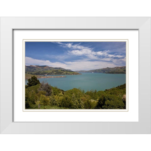 New Zealand, South Island, Akaroa Harbor scenic White Modern Wood Framed Art Print with Double Matting by Grall, Don