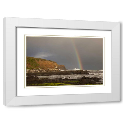 New Zealand, South Island Rainbow over Curio Bay White Modern Wood Framed Art Print with Double Matting by Grall, Don