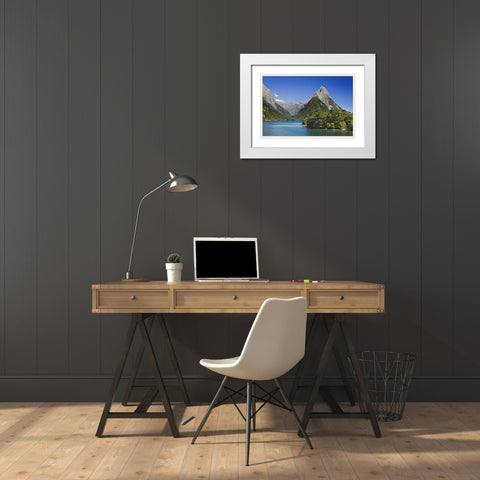 New Zealand, South Island Mitre Peak and lake White Modern Wood Framed Art Print with Double Matting by Flaherty, Dennis