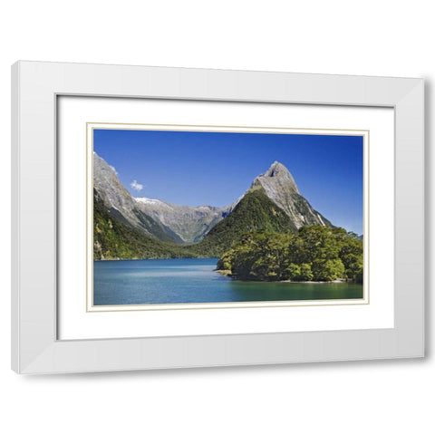 New Zealand, South Island Mitre Peak and lake White Modern Wood Framed Art Print with Double Matting by Flaherty, Dennis