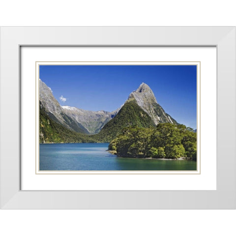 New Zealand, South Island Mitre Peak and lake White Modern Wood Framed Art Print with Double Matting by Flaherty, Dennis