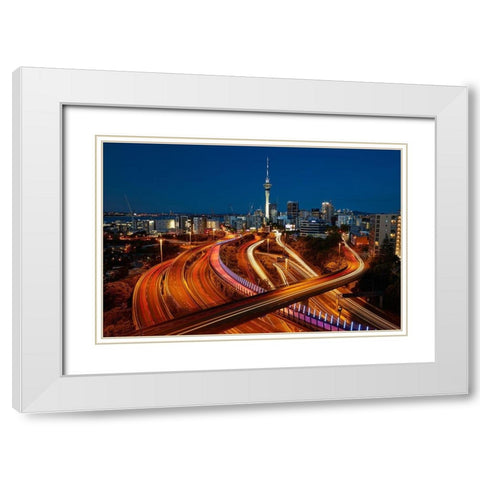 Motorways-Lightpath cycleway-and Skytower at dusk-Auckland-North Island-New Zealand White Modern Wood Framed Art Print with Double Matting by Wall, David