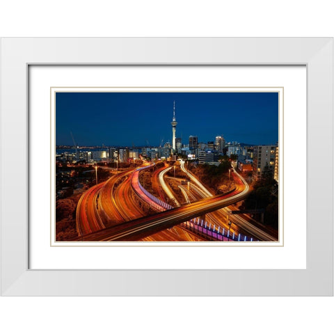 Motorways-Lightpath cycleway-and Skytower at dusk-Auckland-North Island-New Zealand White Modern Wood Framed Art Print with Double Matting by Wall, David
