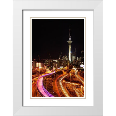 Motorways-Lightpath cycleway-and Skytower at night-Auckland-North Island-New Zealand White Modern Wood Framed Art Print with Double Matting by Wall, David