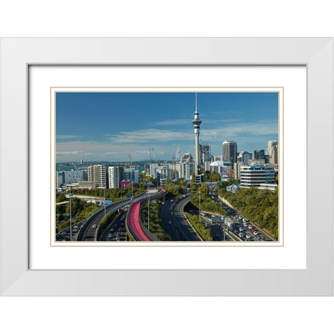 Motorways-Lightpath cycleway-and Skytower-Auckland-North Island-New Zealand White Modern Wood Framed Art Print with Double Matting by Wall, David