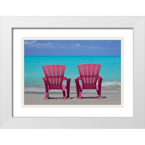 Bahamas, Little Exuma Is Pink chairs on beach White Modern Wood Framed Art Print with Double Matting by Paulson, Don