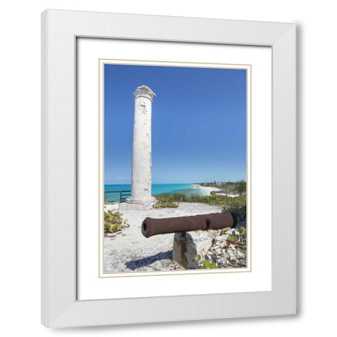 Bahamas, Little Exuma Is Rusty cannon and column White Modern Wood Framed Art Print with Double Matting by Paulson, Don