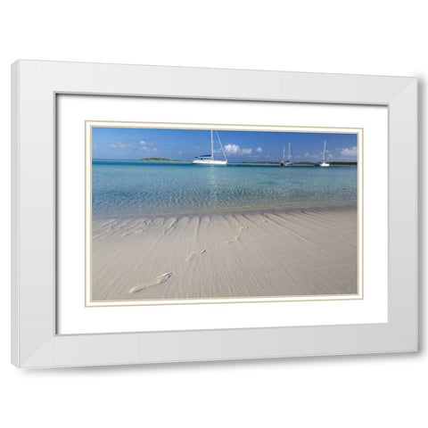 Bahamas, Exuma Island Footprints and sailboats White Modern Wood Framed Art Print with Double Matting by Paulson, Don