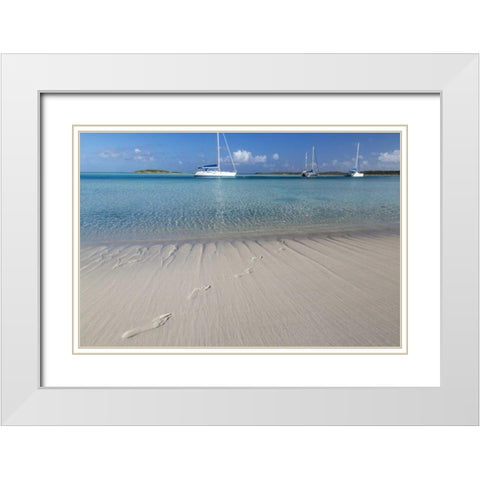 Bahamas, Exuma Island Footprints and sailboats White Modern Wood Framed Art Print with Double Matting by Paulson, Don