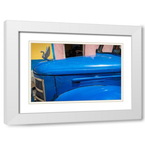 Detail of classic blue American car with chrome swan hood ornament in Trinidad-Cuba White Modern Wood Framed Art Print with Double Matting by Miglavs, Janis