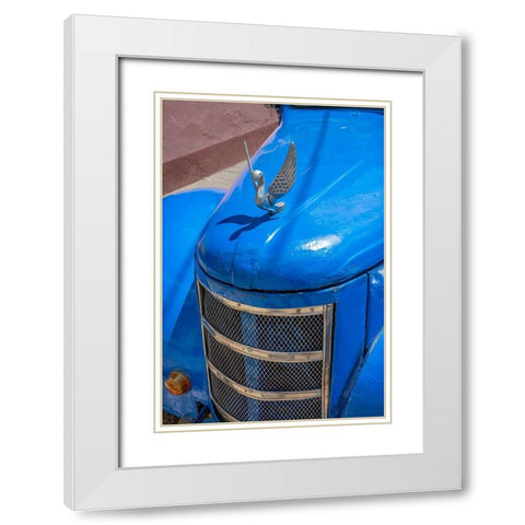 Detail of classic blue American car with chrome swan hood ornament in Trinidad-Cuba White Modern Wood Framed Art Print with Double Matting by Miglavs, Janis
