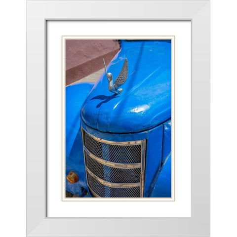 Detail of classic blue American car with chrome swan hood ornament in Trinidad-Cuba White Modern Wood Framed Art Print with Double Matting by Miglavs, Janis