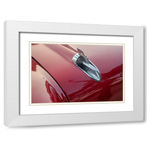 Detail of hood ornament of red 57 Chevrolet Bel Air in Habana-Havana-Cuba White Modern Wood Framed Art Print with Double Matting by Miglavs, Janis