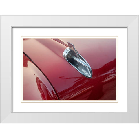 Detail of hood ornament of red 57 Chevrolet Bel Air in Habana-Havana-Cuba White Modern Wood Framed Art Print with Double Matting by Miglavs, Janis