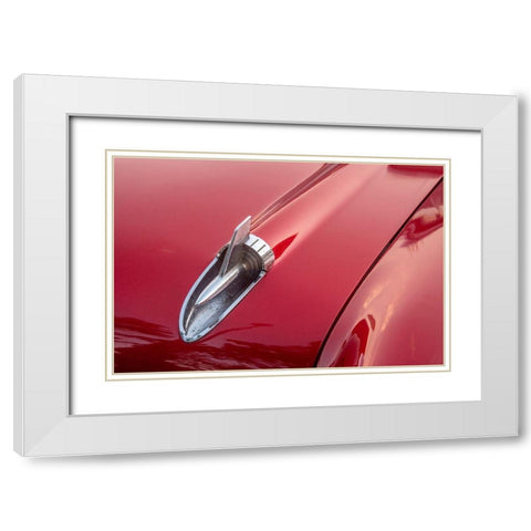 Close-up of hood detail of red 57 Chevrolet Bel Air in Habana-Havana-Cuba White Modern Wood Framed Art Print with Double Matting by Miglavs, Janis