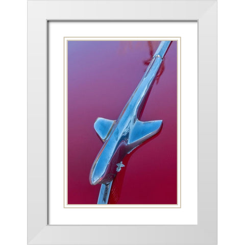 Detail of hood ornament on red classic American car in Habana-Havana-Cuba White Modern Wood Framed Art Print with Double Matting by Miglavs, Janis
