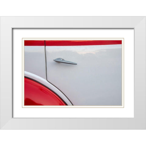Detail of door on red and white classic American Ford in Habana-Havana-Cuba White Modern Wood Framed Art Print with Double Matting by Miglavs, Janis