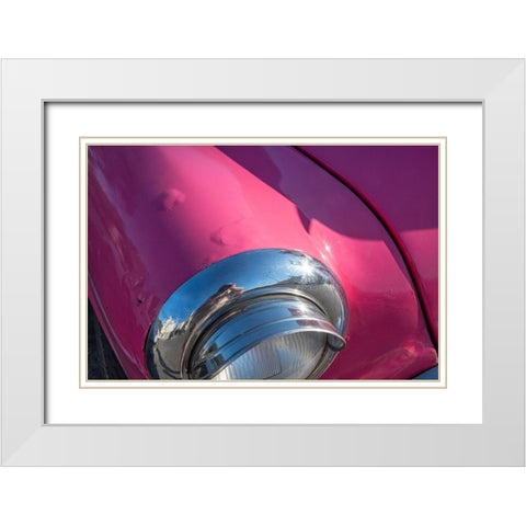 Detail of chrome head light on hot pink classic American Oldsmobile-Havana-Cuba White Modern Wood Framed Art Print with Double Matting by Miglavs, Janis