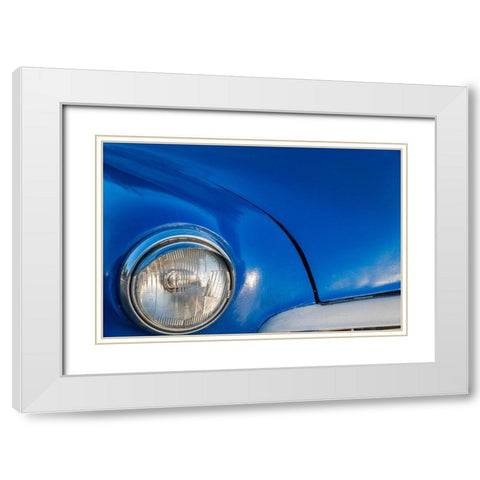 Detail of front end headlight on a classic blue American car in Vieja-old Habana-Havana-Cuba White Modern Wood Framed Art Print with Double Matting by Miglavs, Janis