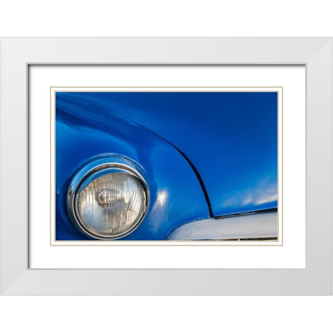 Detail of front end headlight on a classic blue American car in Vieja-old Habana-Havana-Cuba White Modern Wood Framed Art Print with Double Matting by Miglavs, Janis